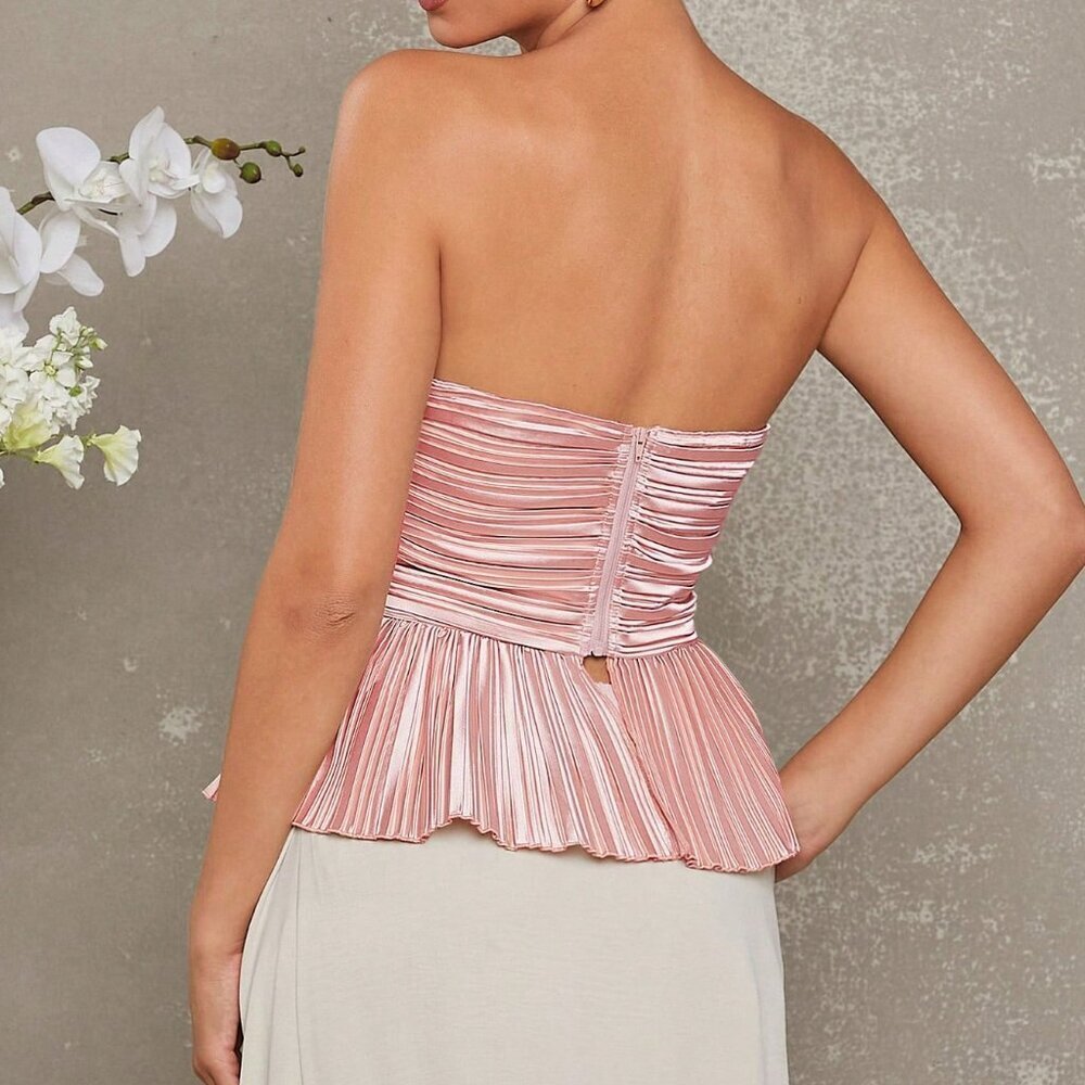 Dusty Pink Elegant Women's Pleated Satin Corset Tube Top with Flares - Picture 2 of 8